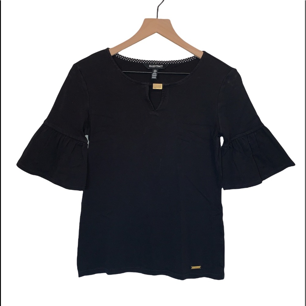 Ellen Tracy Black Casual Black Tee Top with Flare Sleeve and Gold Accents Small